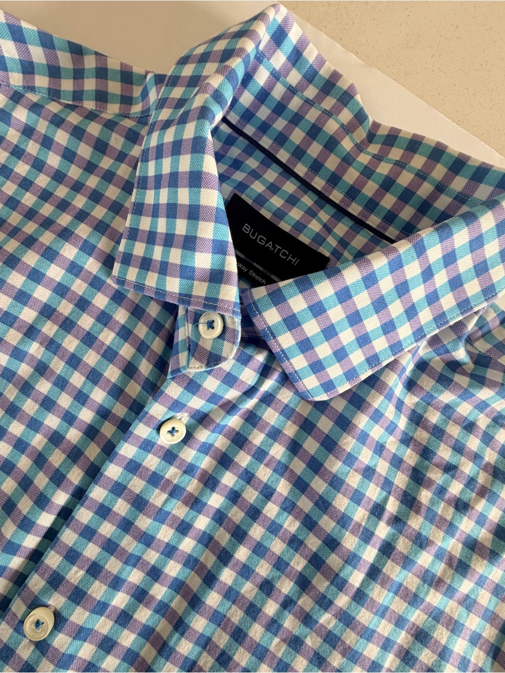 Bugatchi 8 Way Stretch Men's Blue & Purple Check Dress Shirt